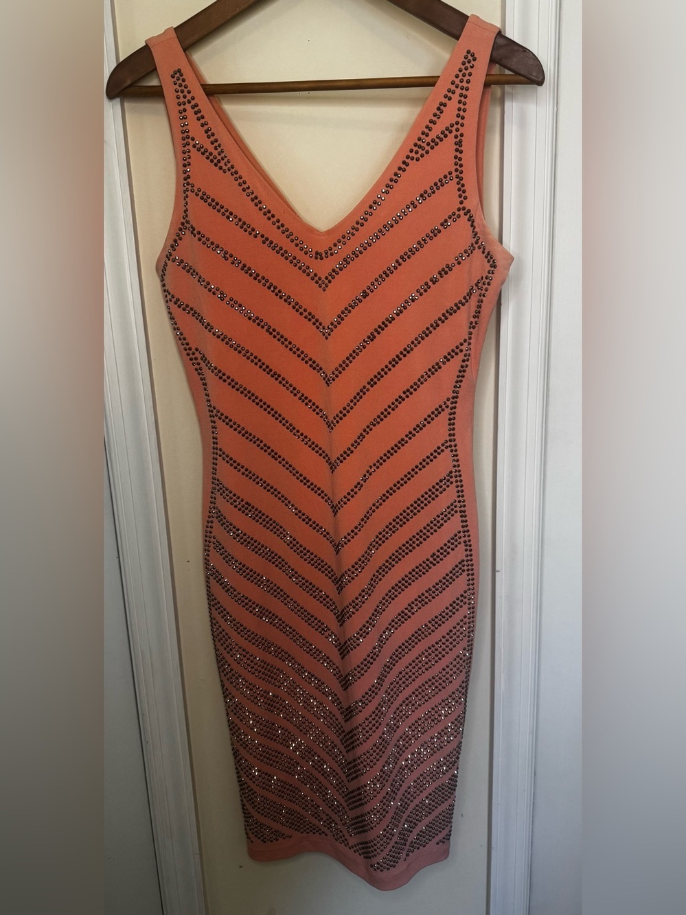 Carmen Marc Valvo Coral Studded V-Neck Midi Dress